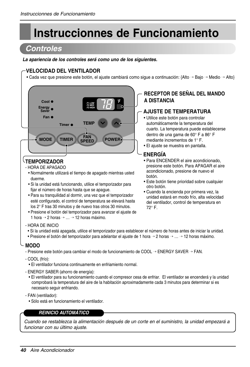 Instruccionnes de funcionamiento, Controles, Temporizador | Ajuste de temperatura, Velocidad del ventilador | LG LT121CNR User Manual | Page 40 / 48