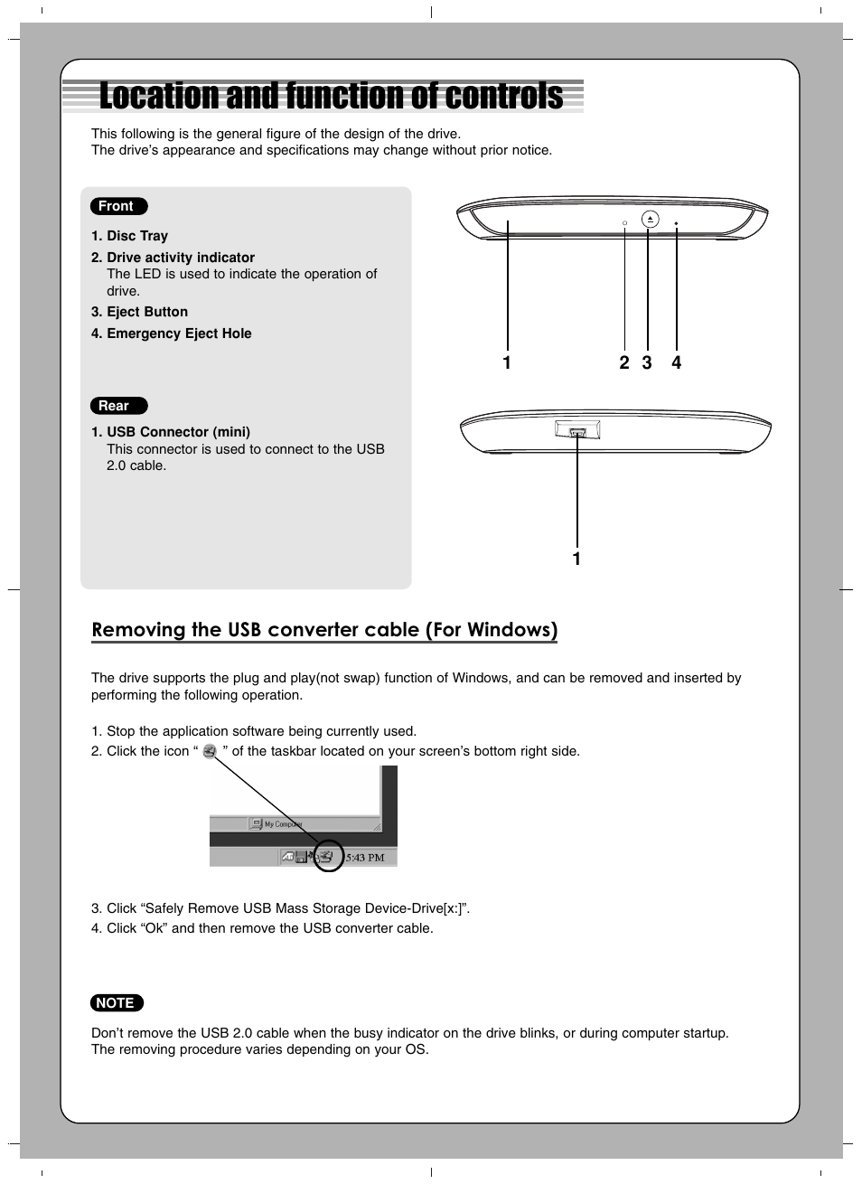Location and function of controls, Removing the usb converter cable (for windows) | LG WP40NB30 User Manual | Page 2 / 4