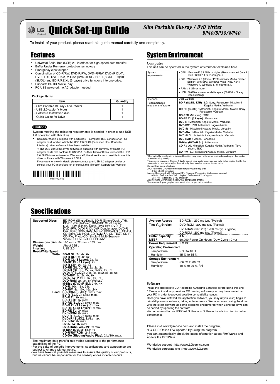 Quick set-up guide, Features, System environment | Specifications, Slim portable blu-ray / dvd writer | LG WP40NB30 User Manual | Page 3 / 4