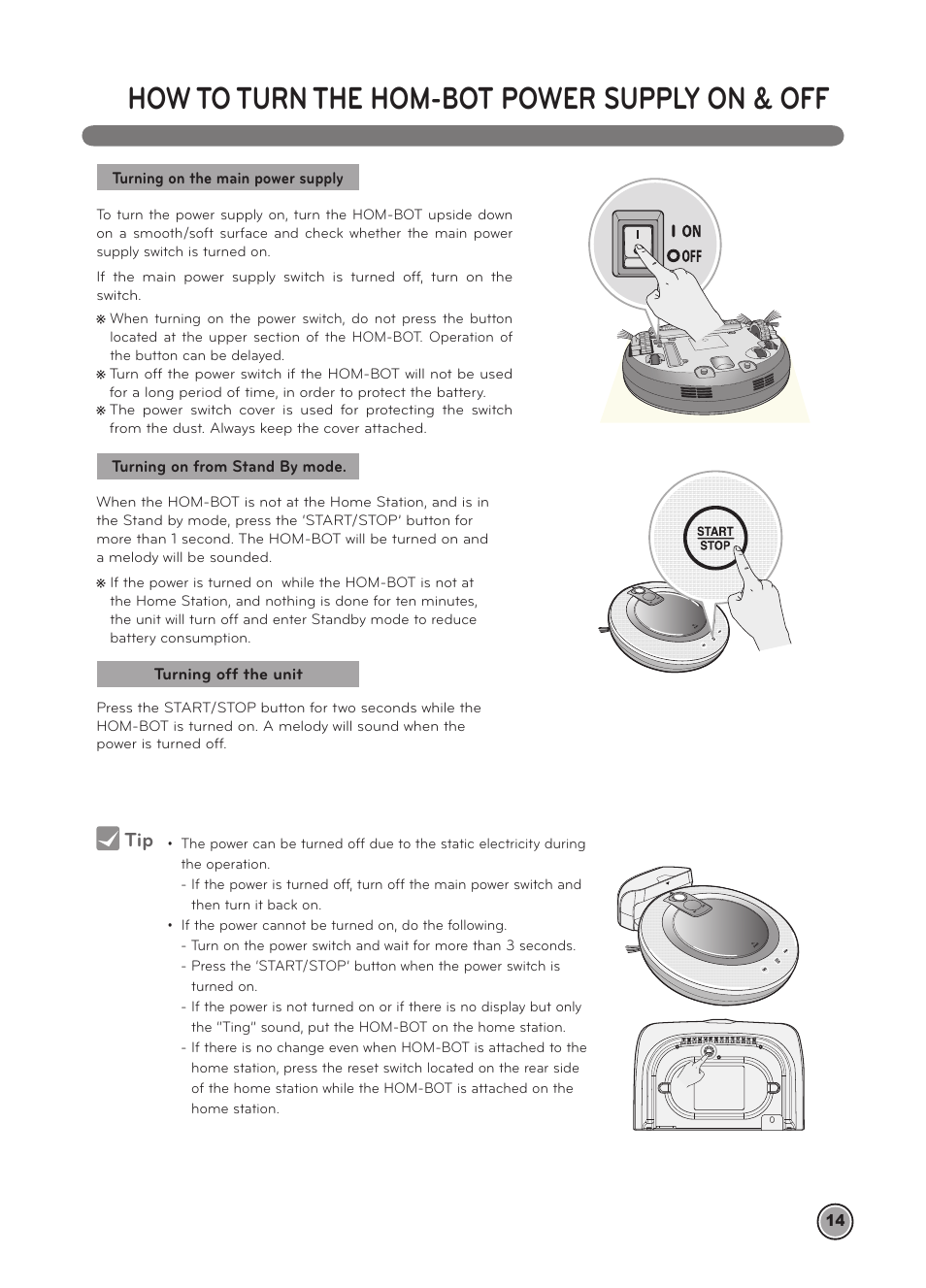 How to turn the hom-bot power supply on & off | LG LRV5900 User Manual | Page 17 / 40