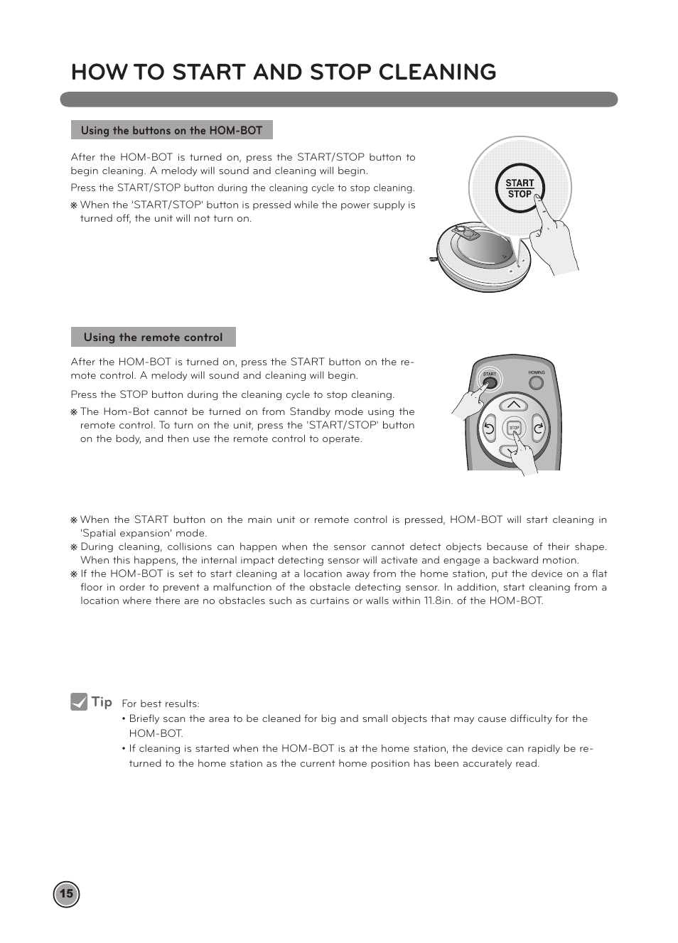 How to start and stop cleaning | LG LRV5900 User Manual | Page 18 / 40