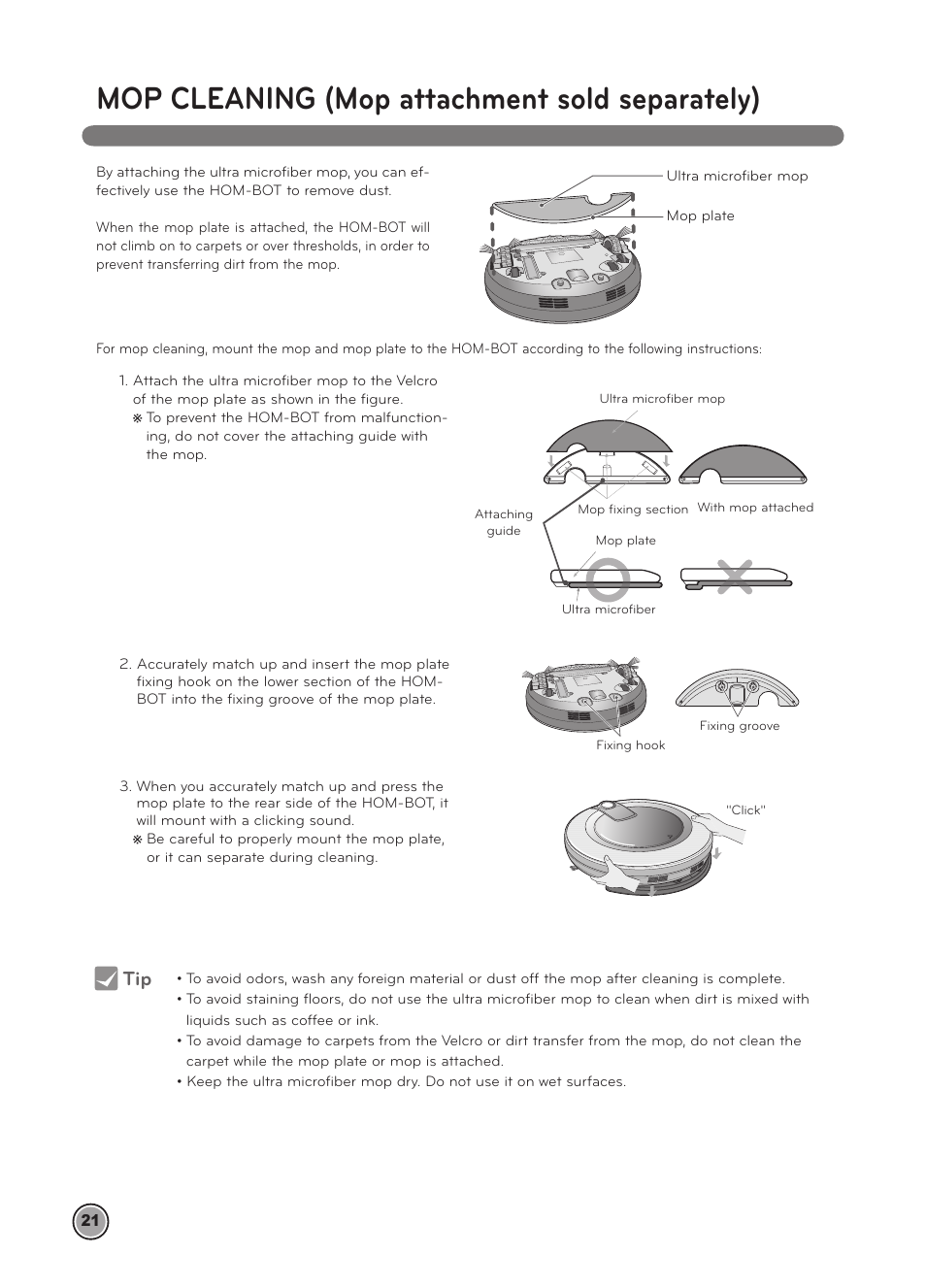 Mop cleaning (mop attachment sold separately) | LG LRV5900 User Manual | Page 24 / 40