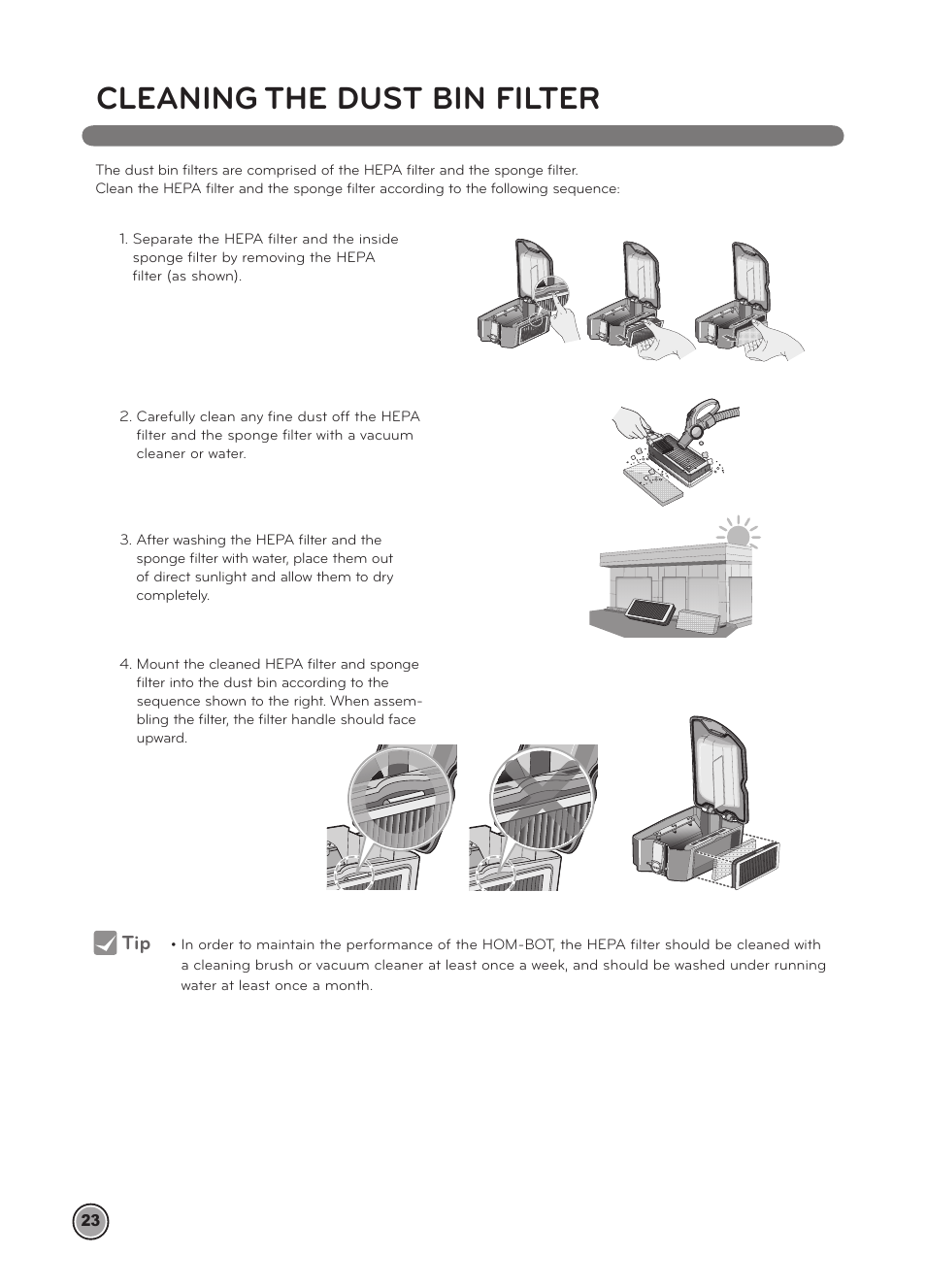 Cleaning the dust bin filter | LG LRV5900 User Manual | Page 26 / 40