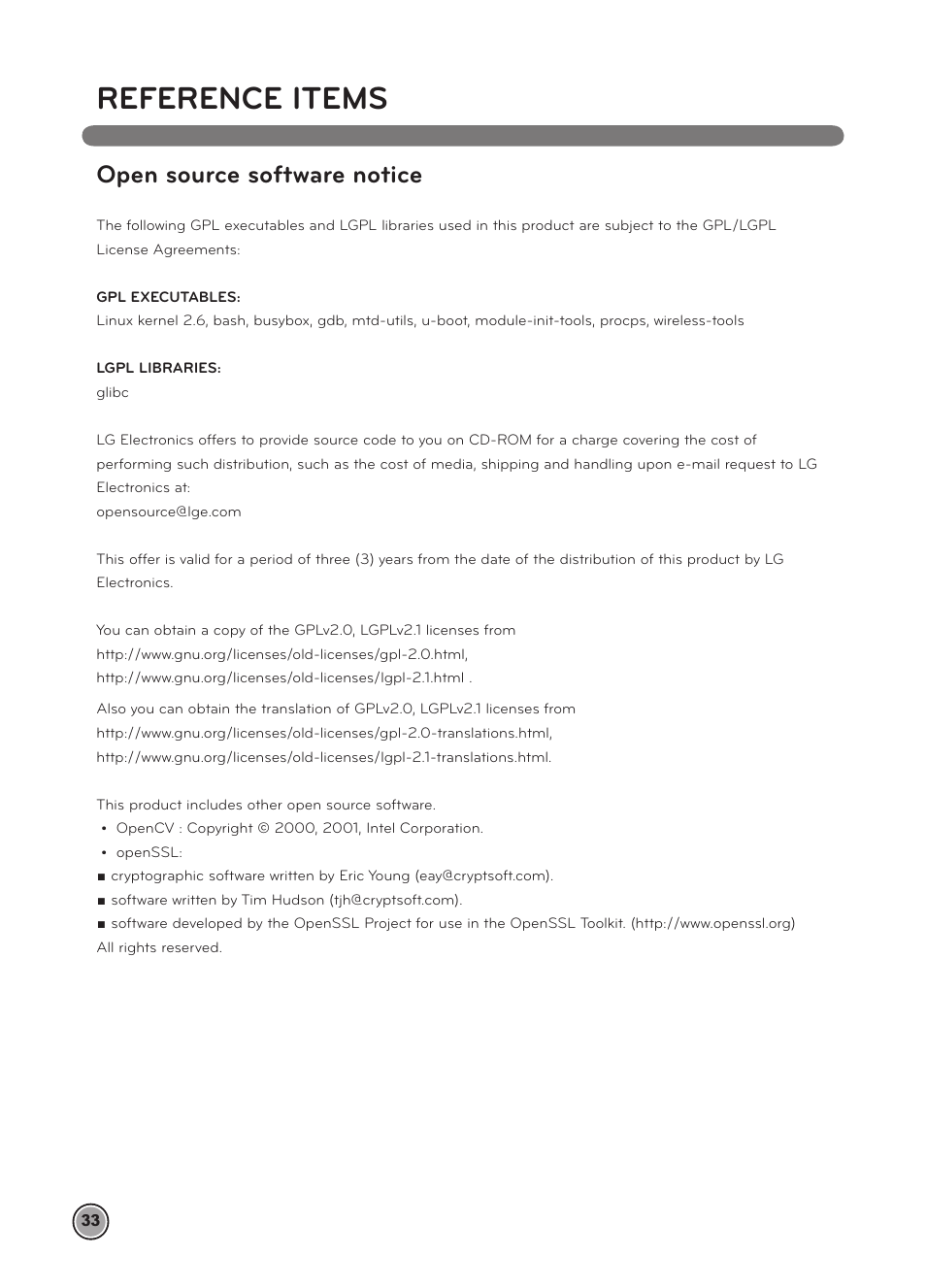 Reference items, Open source software notice | LG LRV5900 User Manual | Page 36 / 40
