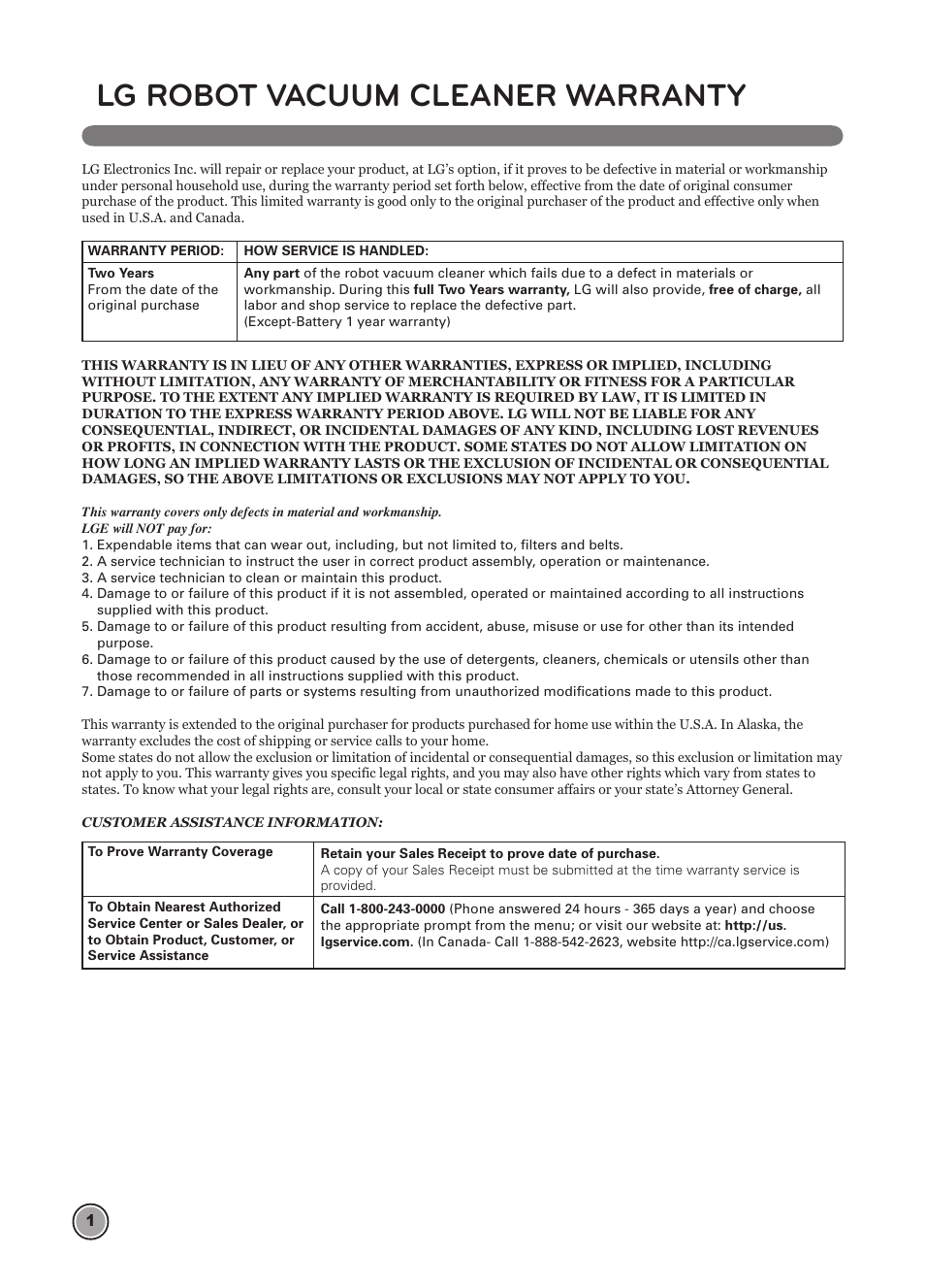 Lg robot vacuum cleaner warranty | LG LRV5900 User Manual | Page 4 / 40