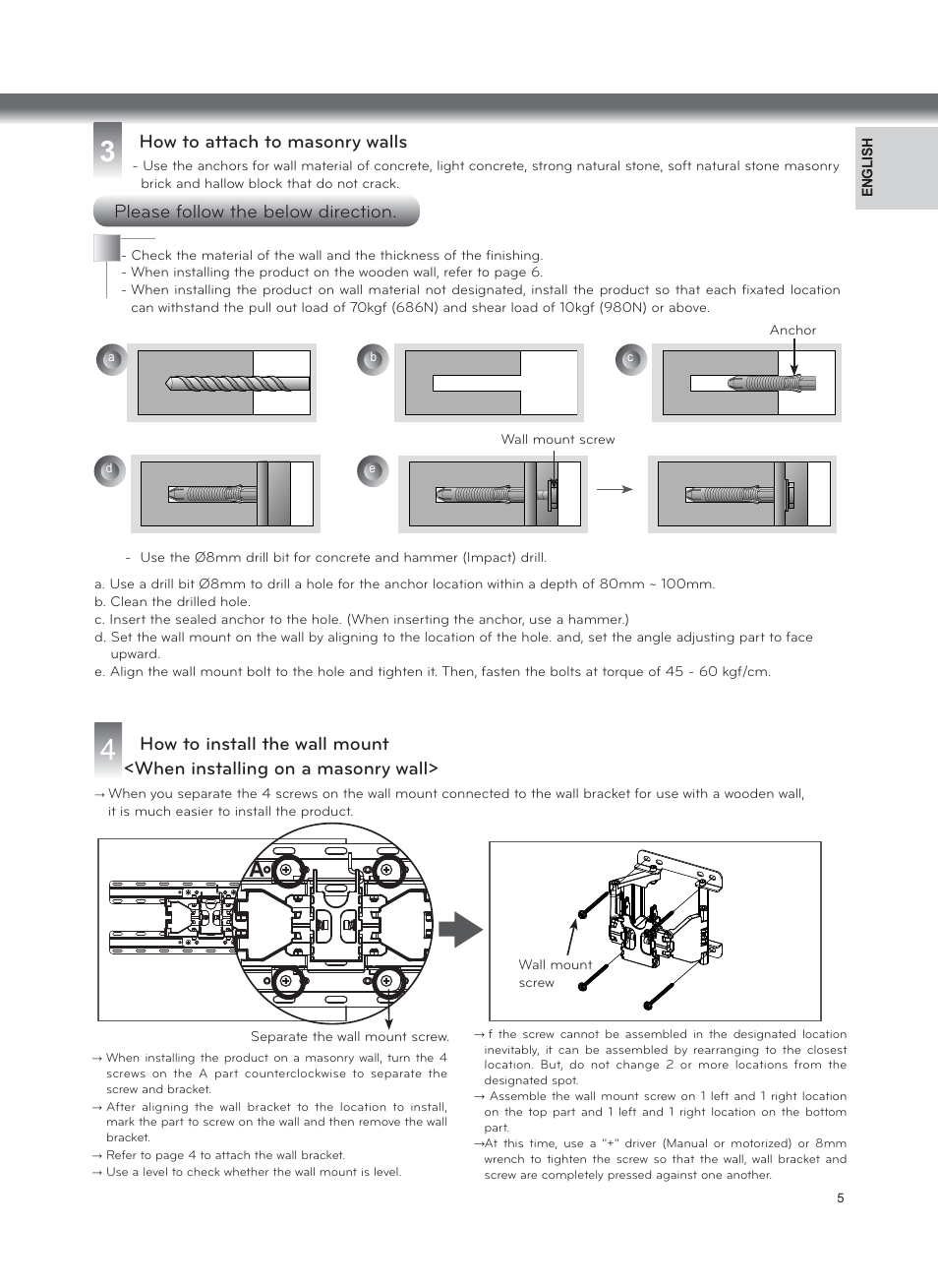 How to attach to masonry walls, Please follow the below direction | LG LSW100BG User Manual | Page 5 / 8