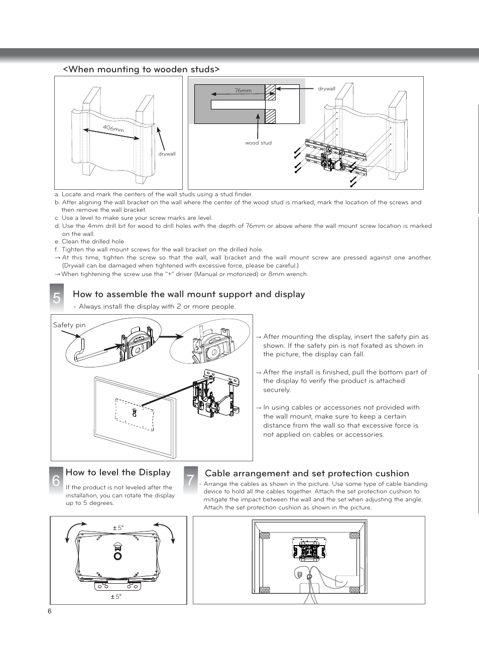 When mounting to wooden studs, How to assemble the wall mount support and display | LG LSW100BG User Manual | Page 6 / 8