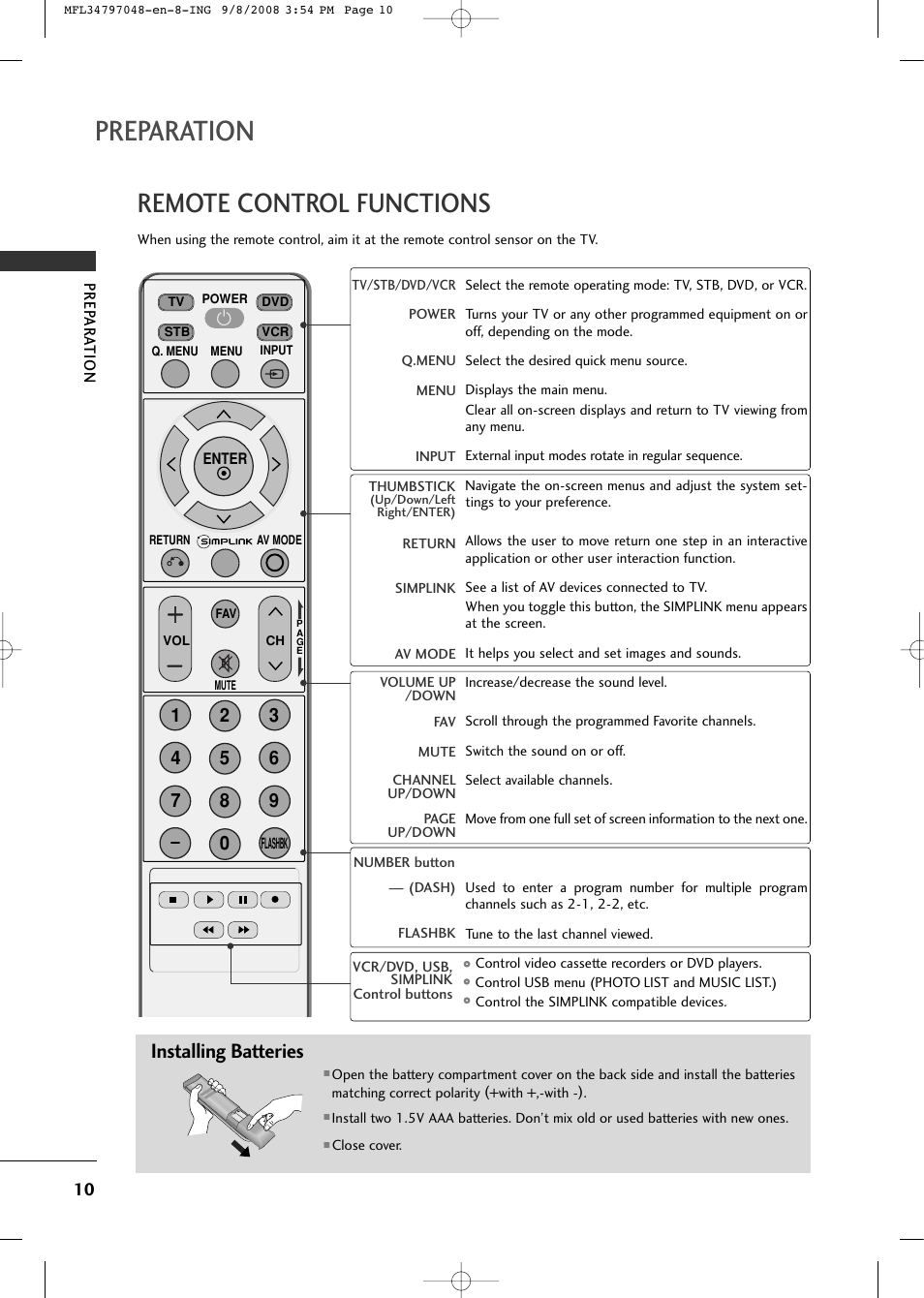 Preparation, Remote control functions, Installing batteries | LG 42PG60-UA User Manual | Page 12 / 42