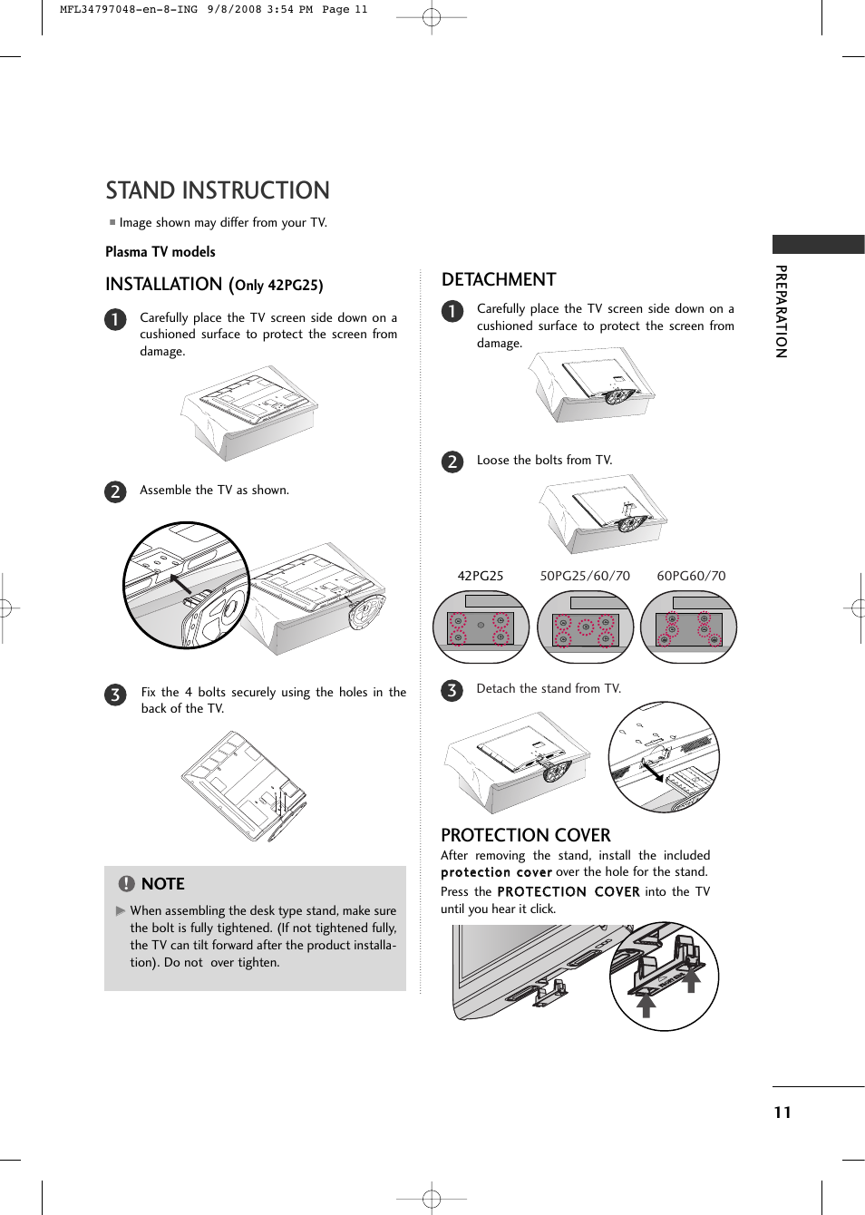 Stand instruction, Installation, Detachment | Protection cover | LG 42PG60-UA User Manual | Page 13 / 42
