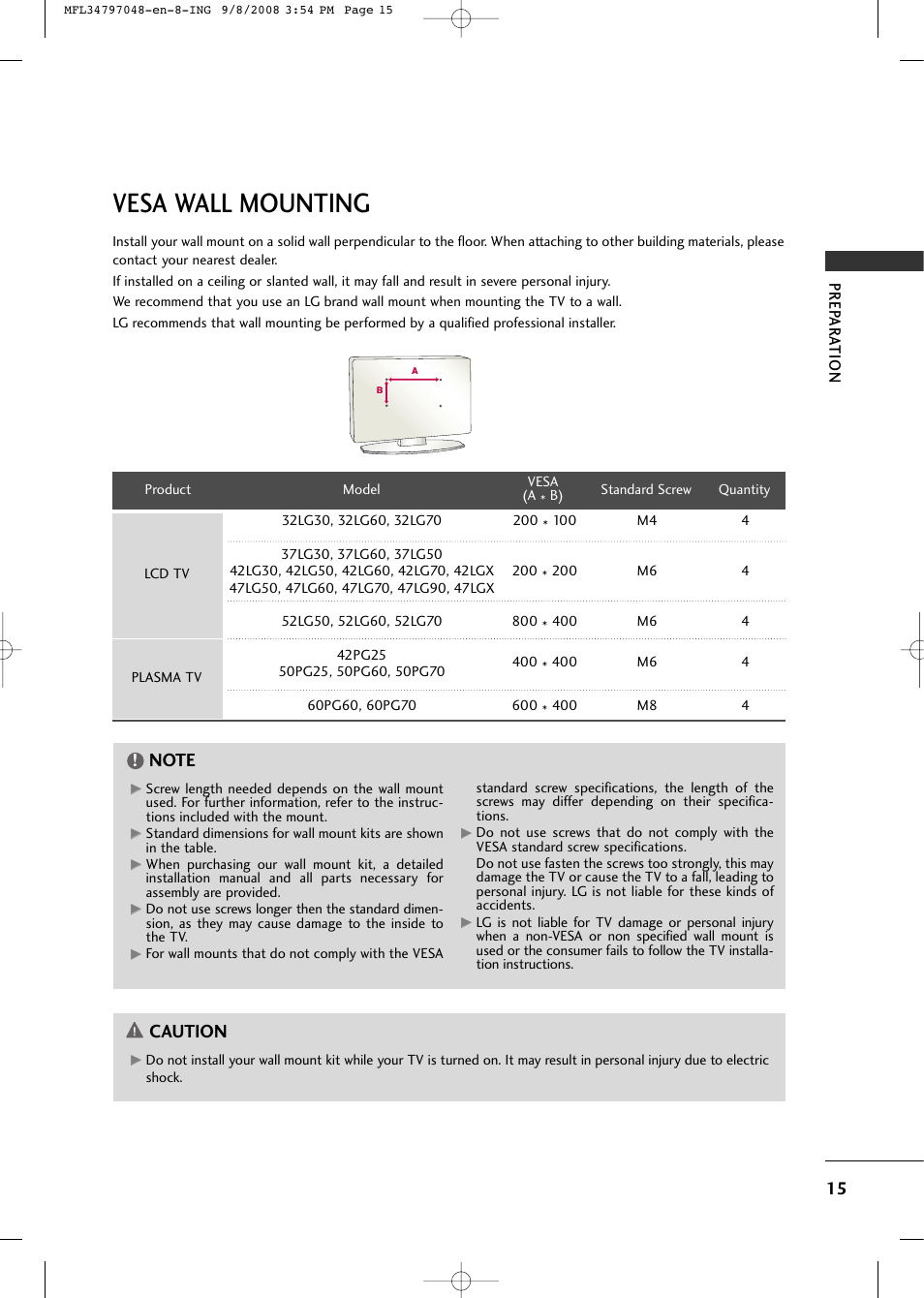 Vesa wall mounting, Caution | LG 42PG60-UA User Manual | Page 17 / 42