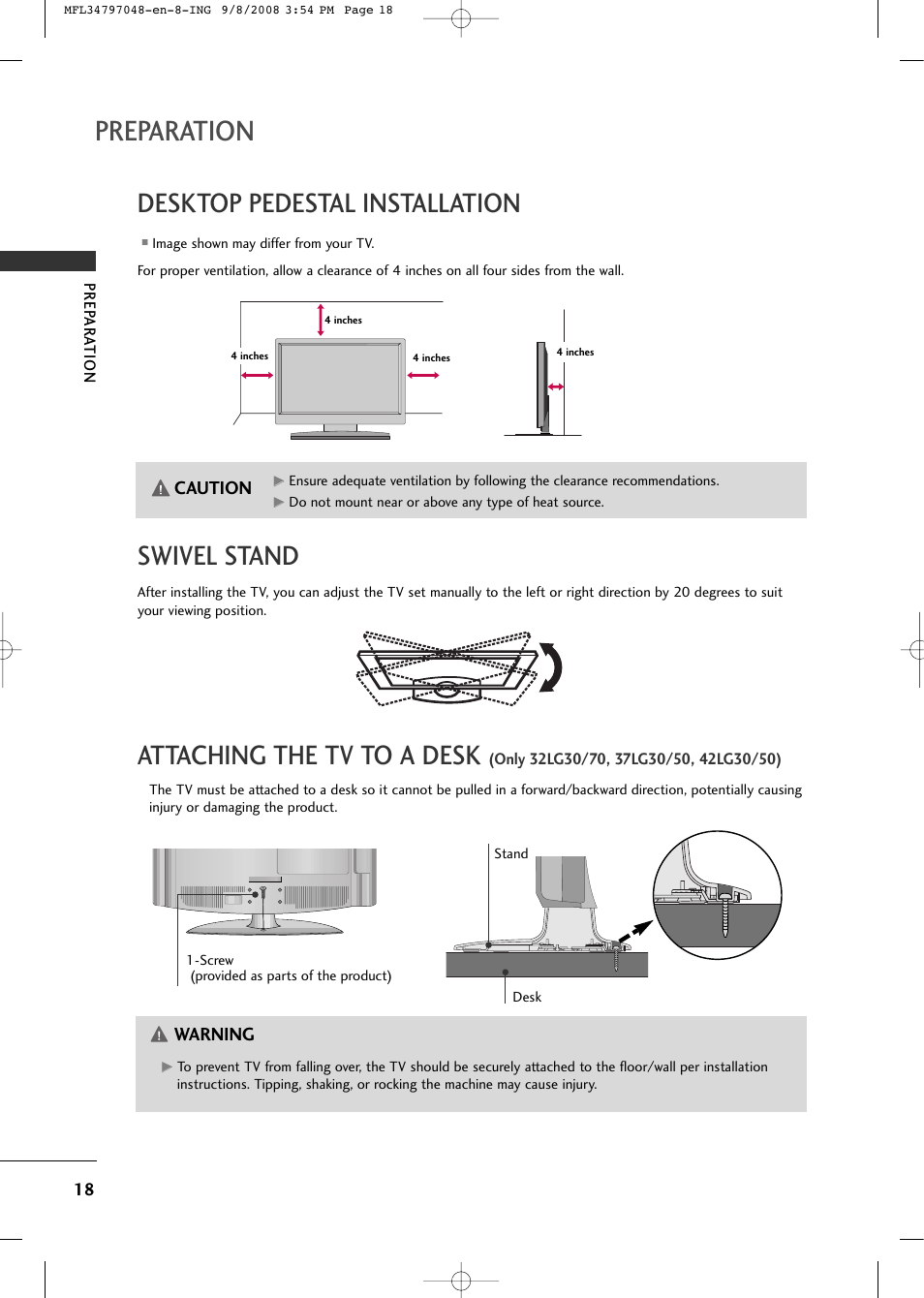 Preparation, Desktop pedestal installation, Swivel stand | Attaching the tv to a desk | LG 42PG60-UA User Manual | Page 20 / 42