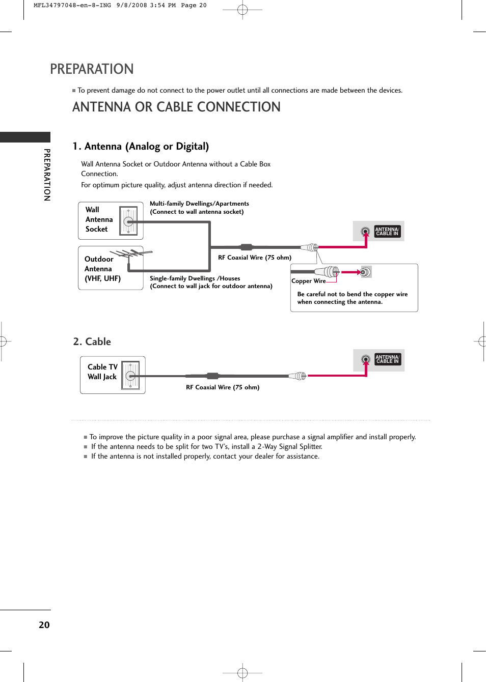 Preparation, Antenna or cable connection, Antenna (analog or digital) | Cable | LG 42PG60-UA User Manual | Page 22 / 42
