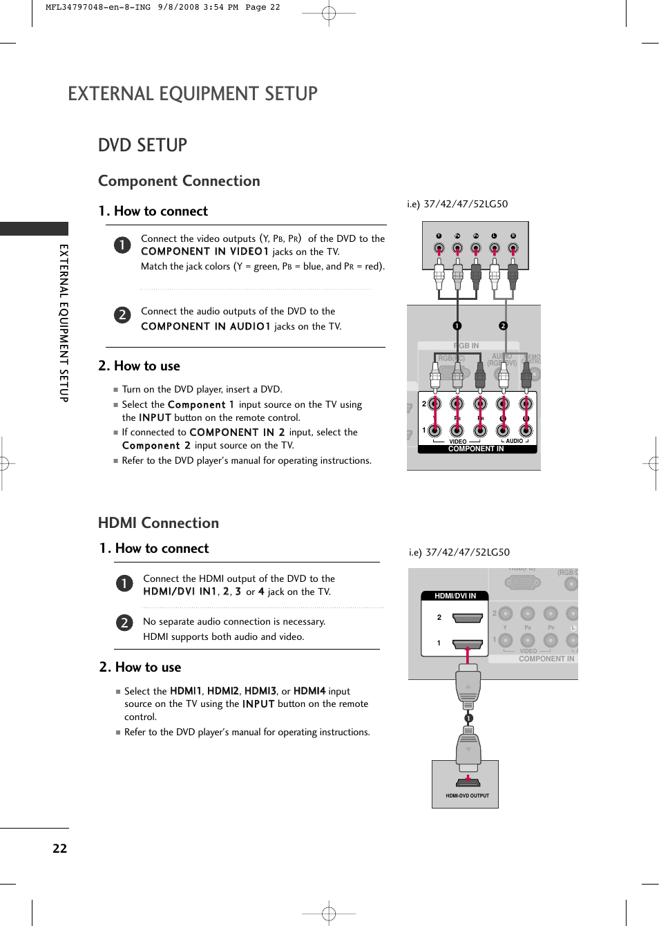 External equipment setup, Dvd setup, Hdmi connection | Component connection, How to connect 2. how to use, External eq uipment setup | LG 42PG60-UA User Manual | Page 24 / 42