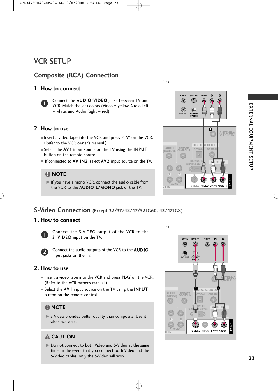 Vcr setup, Composite (rca) connection, S-video connection | How to connect 2. how to use, Caution, External eq uipment setup | LG 42PG60-UA User Manual | Page 25 / 42