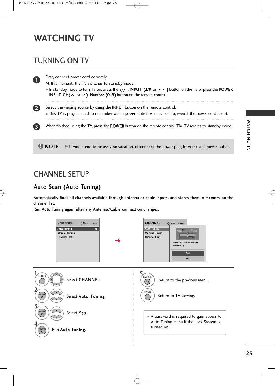 Watching tv, Turning on tv channel setup, Auto scan (auto tuning) | LG 42PG60-UA User Manual | Page 27 / 42