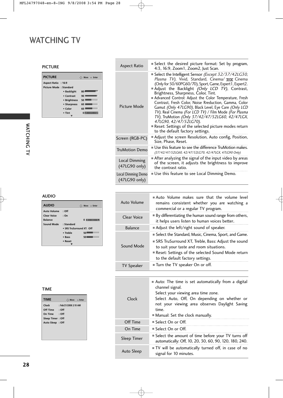 Watching tv, Picture audio, Adjust the left/right sound of speaker | Manual: set the clock manually, Select on or off | LG 42PG60-UA User Manual | Page 30 / 42