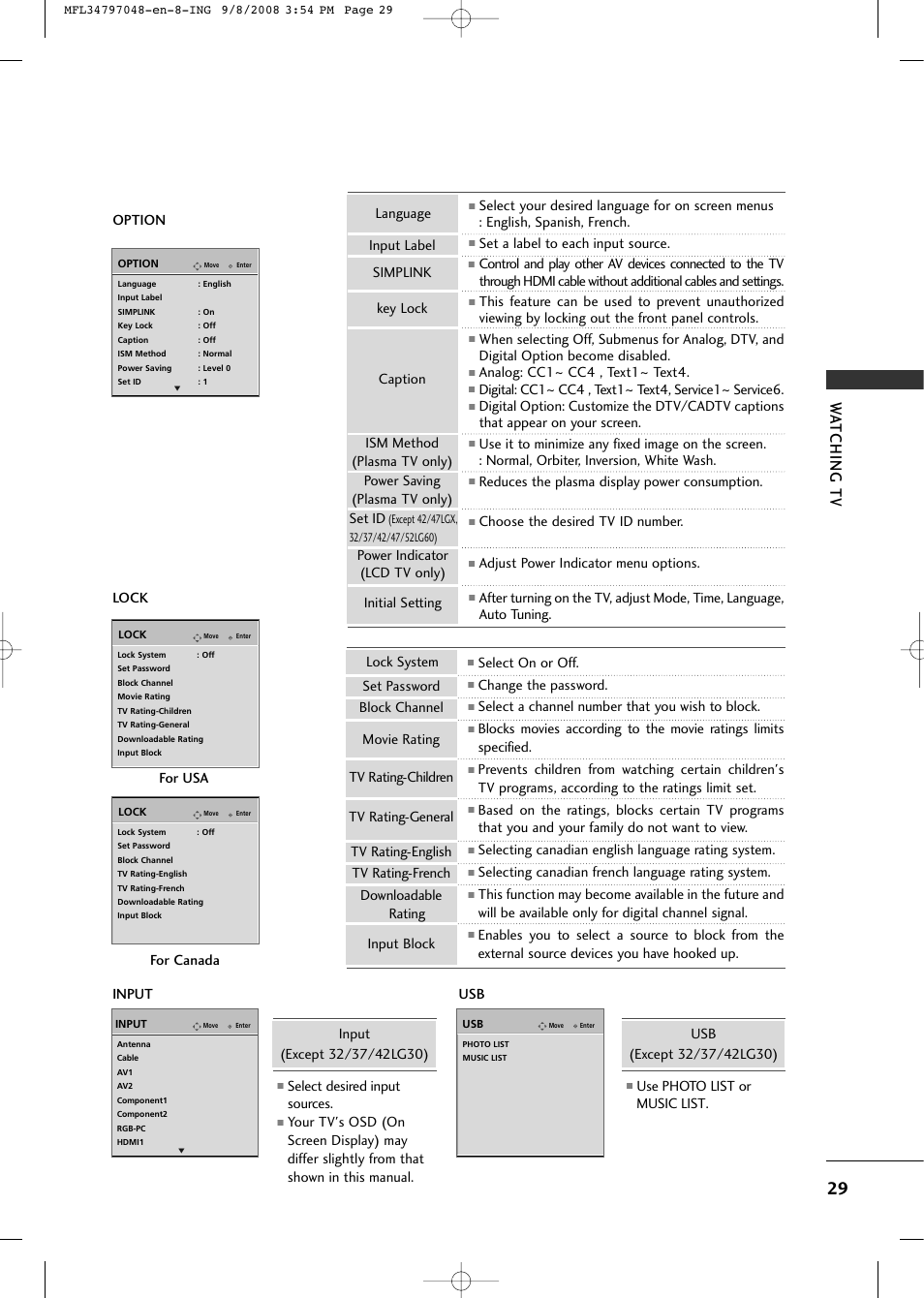 Watching tv, Option, Set a label to each input source | Analog: cc1~ cc4 , text1~ text4, Reduces the plasma display power consumption, Choose the desired tv id number, Adjust power indicator menu options, Select on or off, Change the password, Select a channel number that you wish to block | LG 42PG60-UA User Manual | Page 31 / 42