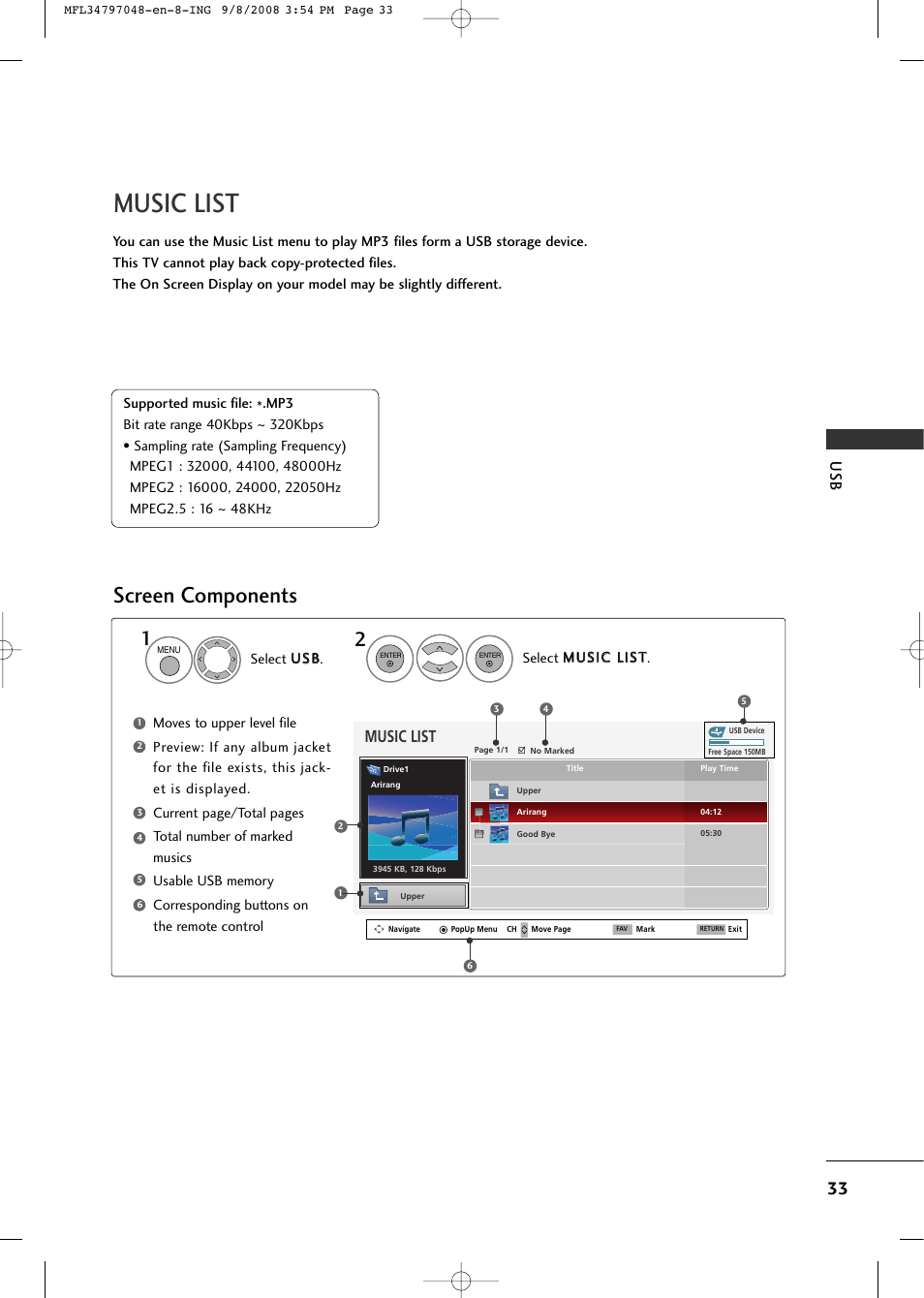 Music list, Screen components, Select u ussbb. select m mu ussiic c lliisstt | LG 42PG60-UA User Manual | Page 35 / 42