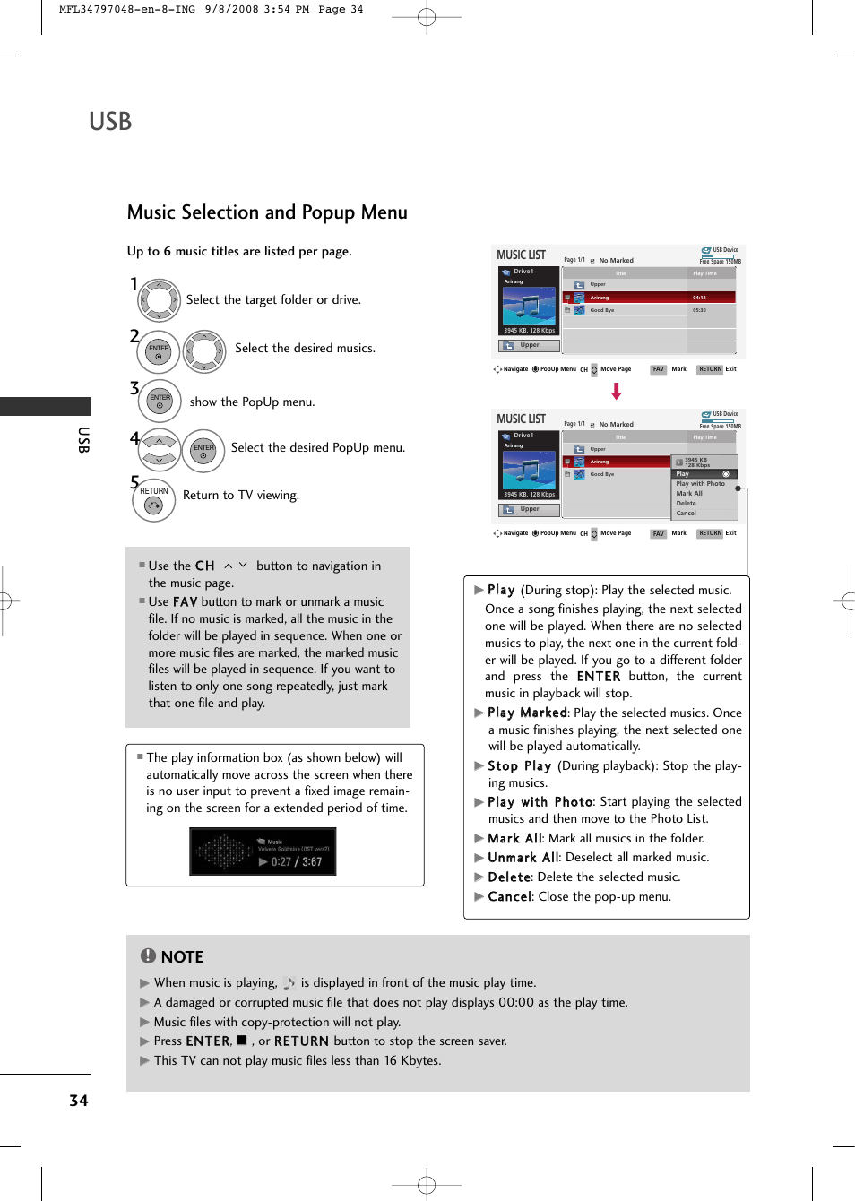 Music selection and popup menu, Ddeelleettee: delete the selected music, Ccaanncceell: close the pop-up menu | Up to 6 music titles are listed per page, Return to tv viewing, Music files with copy-protection will not play, Press een ntteerr, Or rreettu urrn n button to stop the screen saver | LG 42PG60-UA User Manual | Page 36 / 42