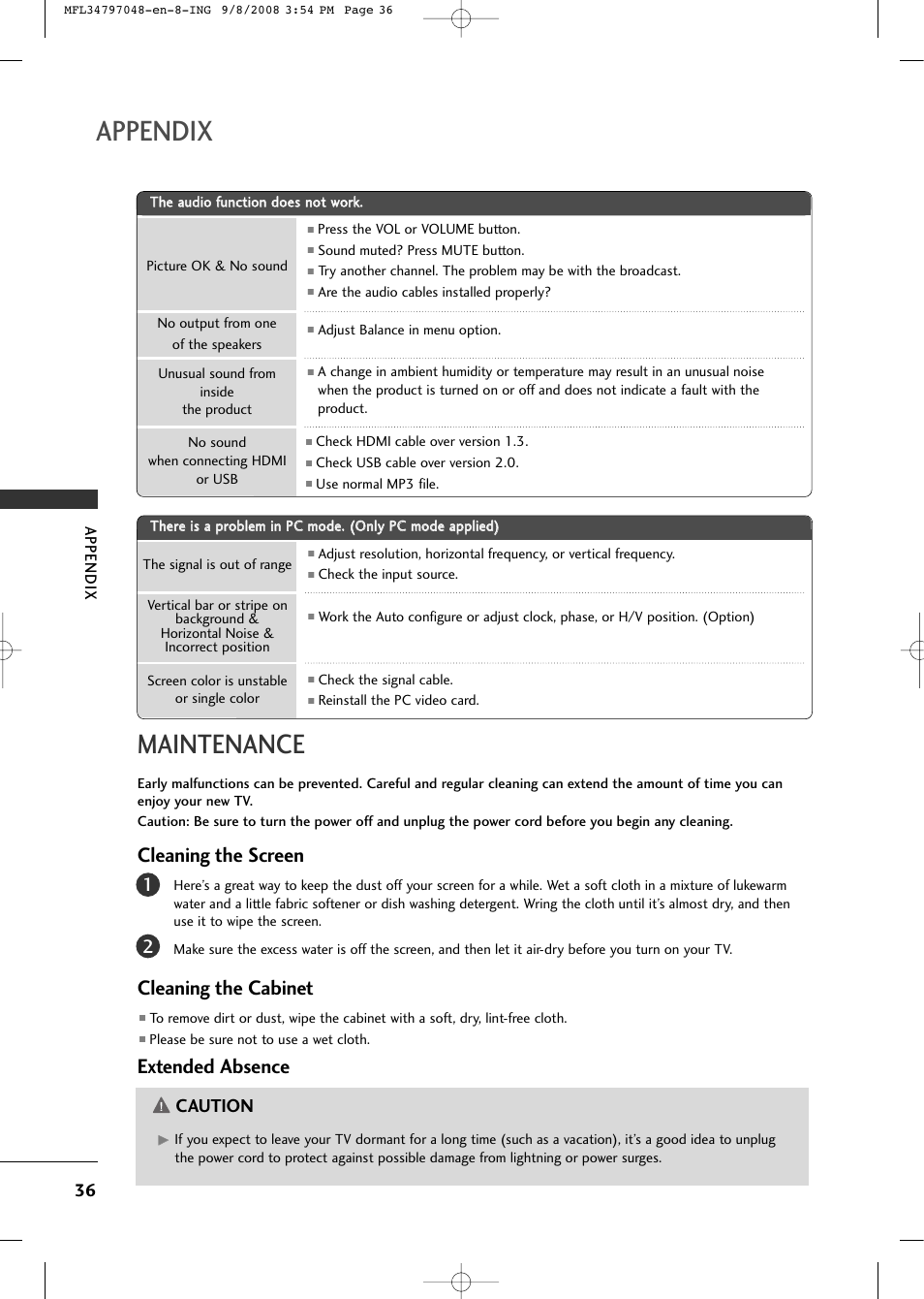 Appendix, Maintenance, Cleaning the screen | Cleaning the cabinet, Extended absence, Caution | LG 42PG60-UA User Manual | Page 38 / 42