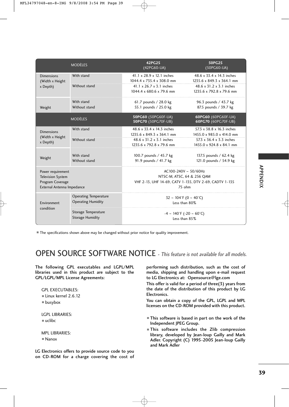 Open source software notice, This feature is not available for all models, Appendix | LG 42PG60-UA User Manual | Page 41 / 42