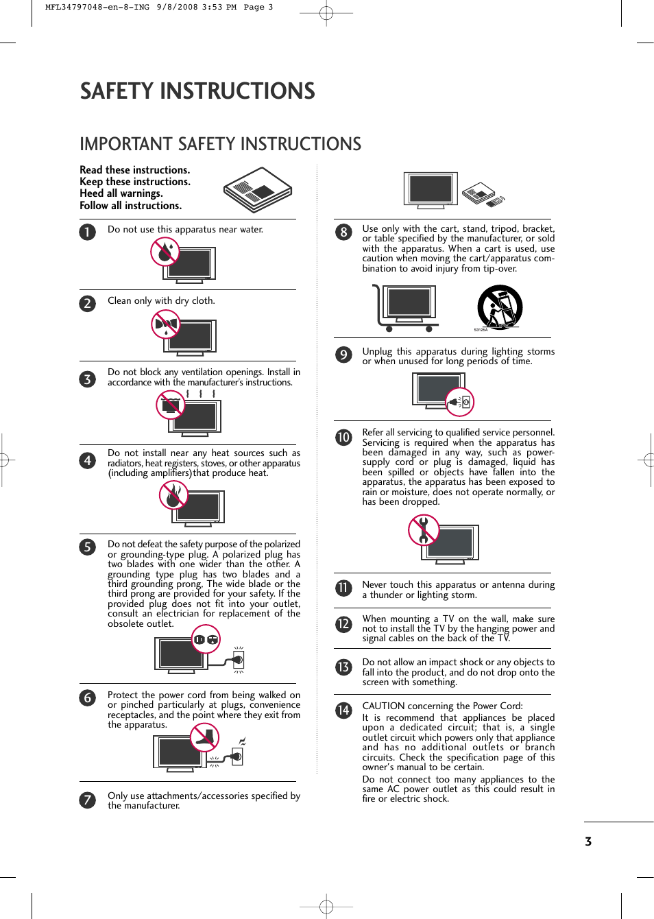 Safety instructions, Important safety instructions | LG 42PG60-UA User Manual | Page 5 / 42