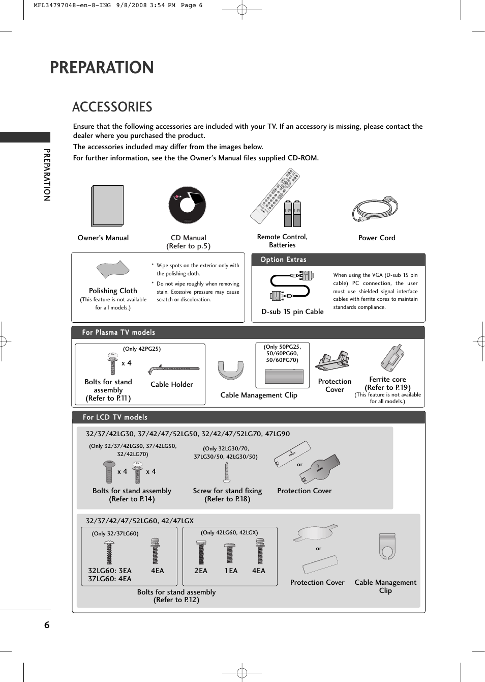 Preparation, Accessories, Prep ar ation | LG 42PG60-UA User Manual | Page 8 / 42