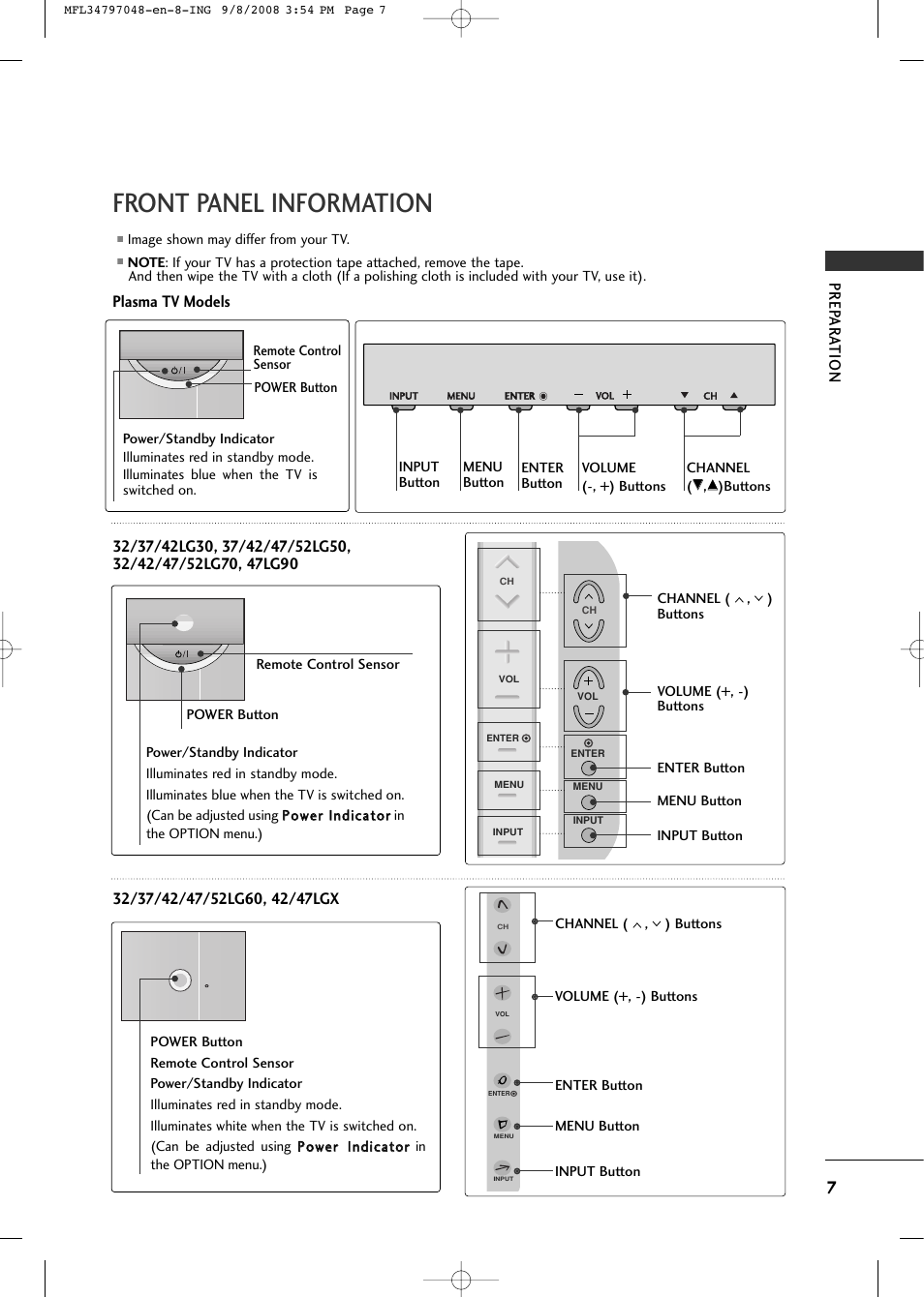 Front panel information, Prep ar ation | LG 42PG60-UA User Manual | Page 9 / 42