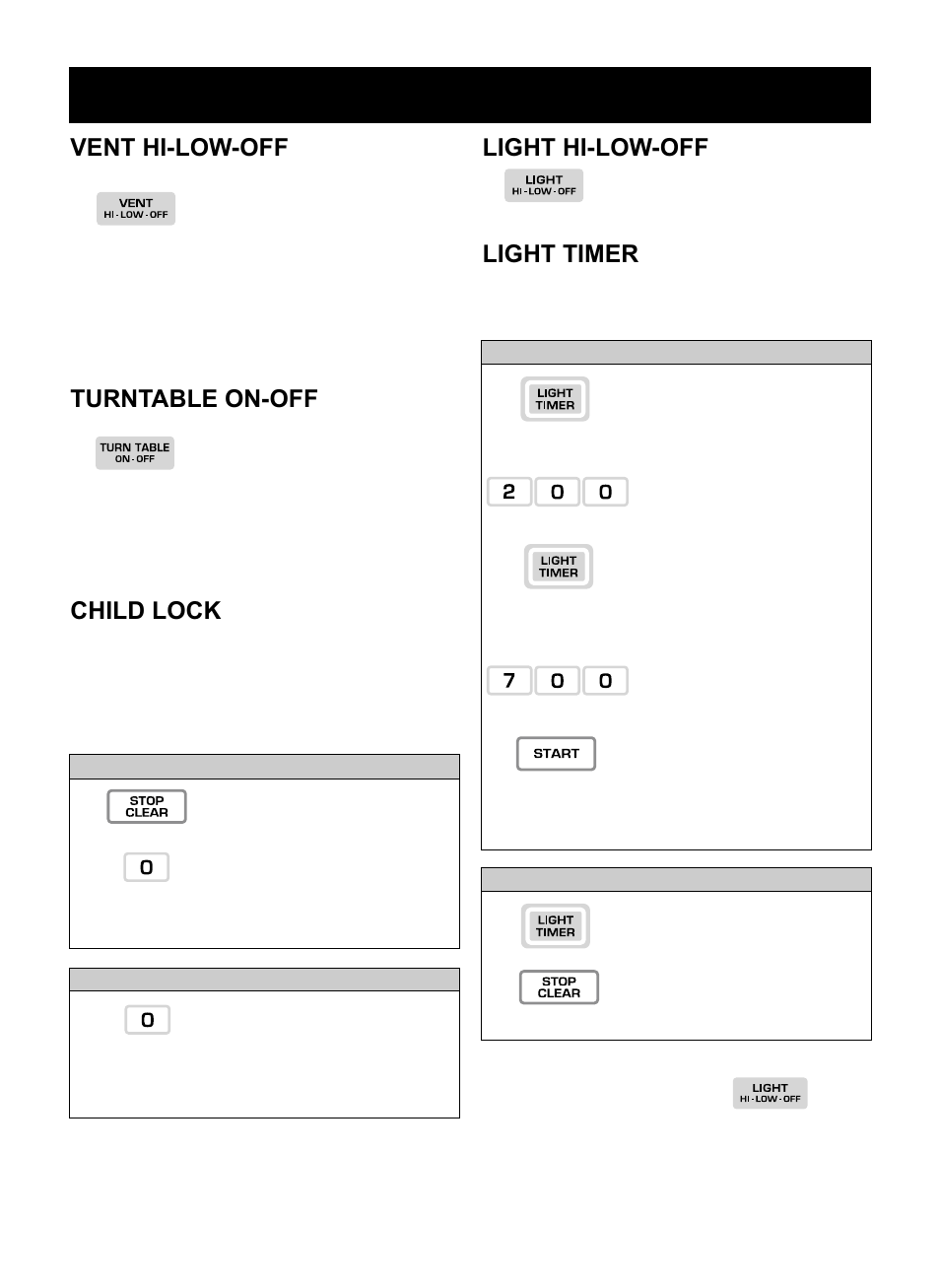 Operation, Turntable on-off, Vent hi-low-off | Child lock, Light hi-low-off, Light timer | LG LMV1925SBQ User Manual | Page 11 / 32