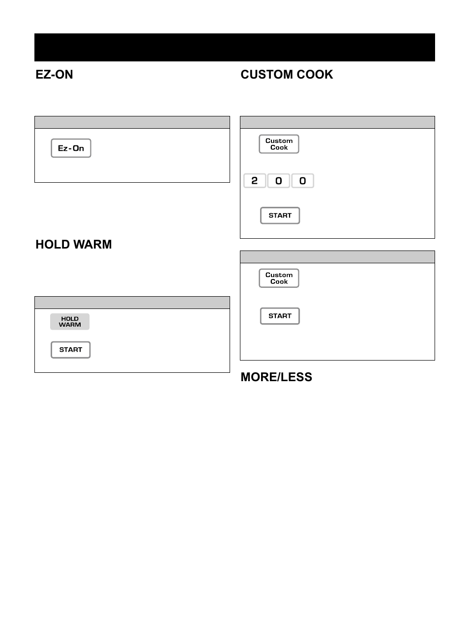 Operation, Ez-on, Hold warm | Custom cook, More/less | LG LMV1925SBQ User Manual | Page 12 / 32