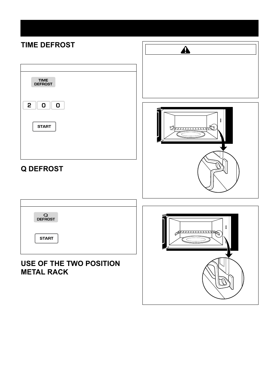 Operation, Time defrost, Q defrost | Use of the two position metal rack, Caution | LG LMV1925SBQ User Manual | Page 21 / 32