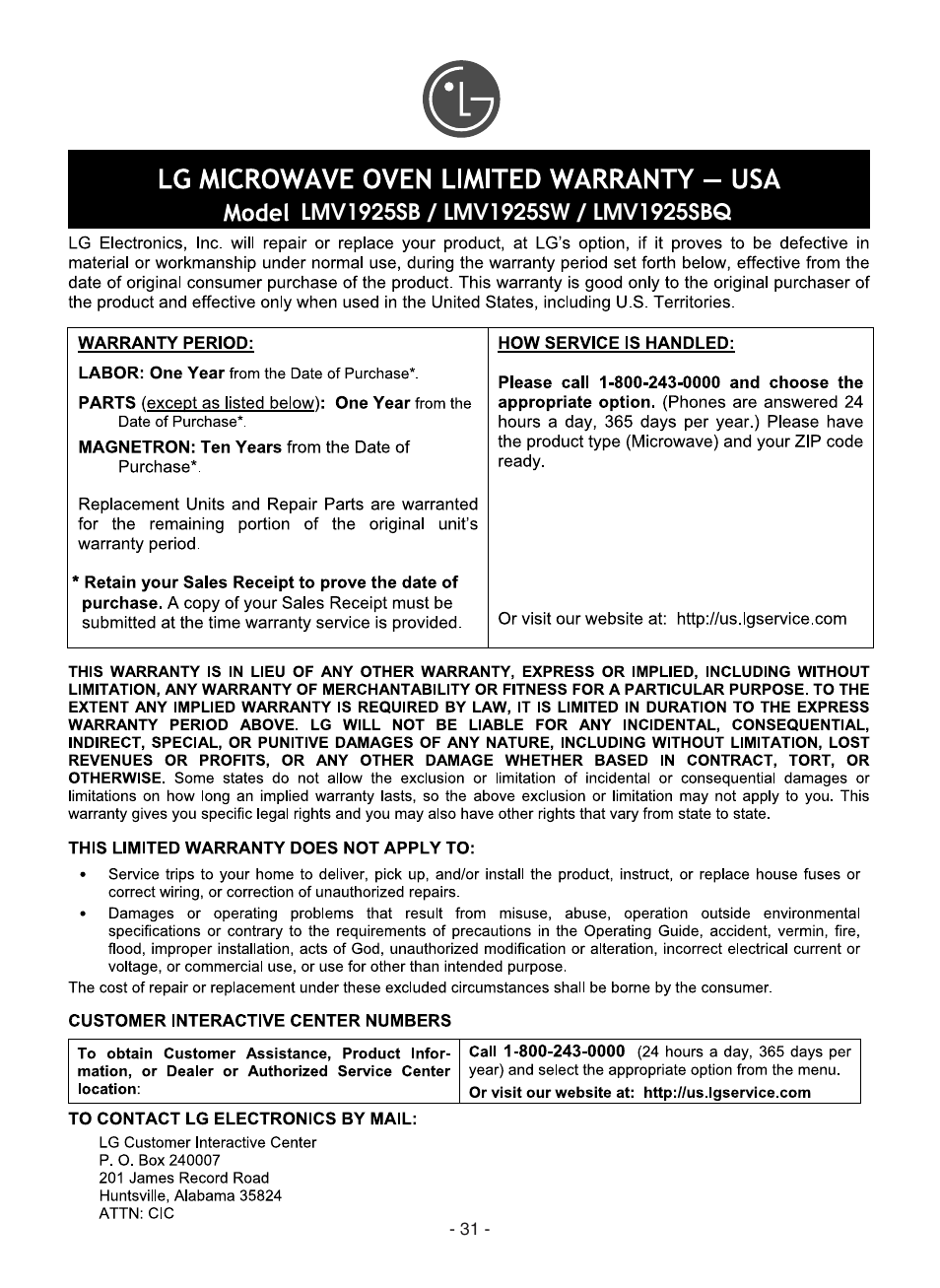 LG LMV1925SBQ User Manual | Page 31 / 32