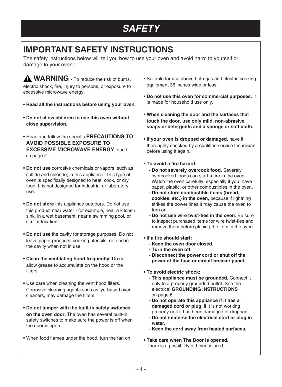 Safety, Important safety instructions, Warning | LG LMV1925SBQ User Manual | Page 4 / 32