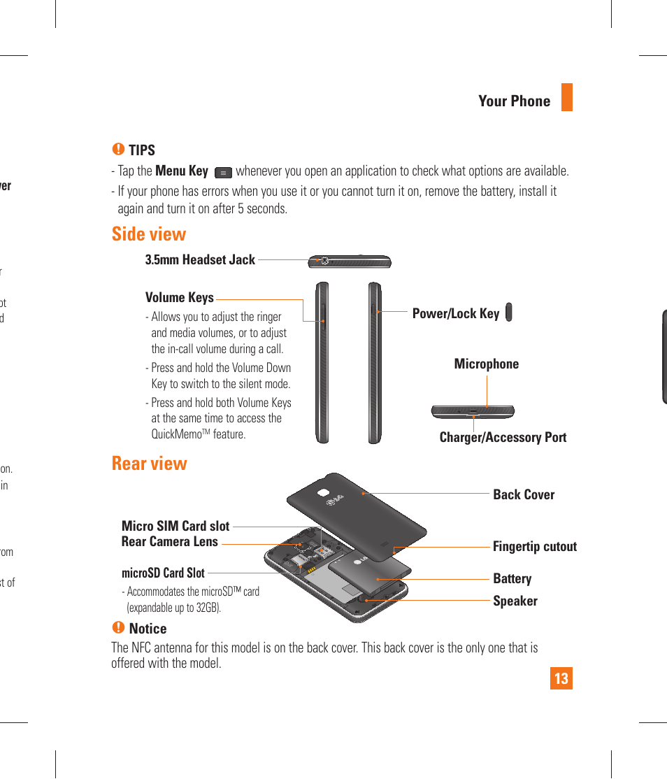 Rear view side view | LG P870 User Manual | Page 13 / 110