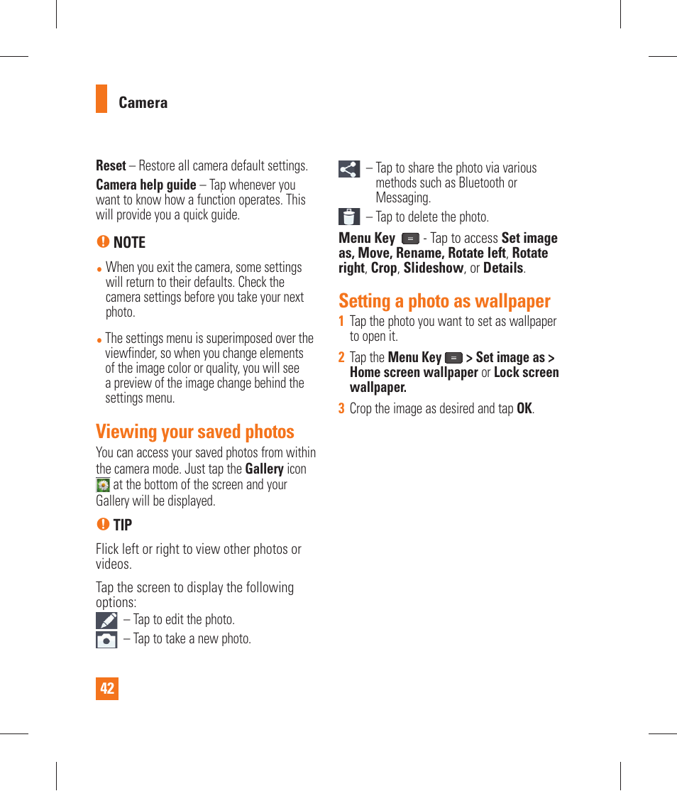 Viewing your saved photos, Setting a photo as wallpaper, Getting to know the viewﬁ nder | LG P870 User Manual | Page 42 / 110