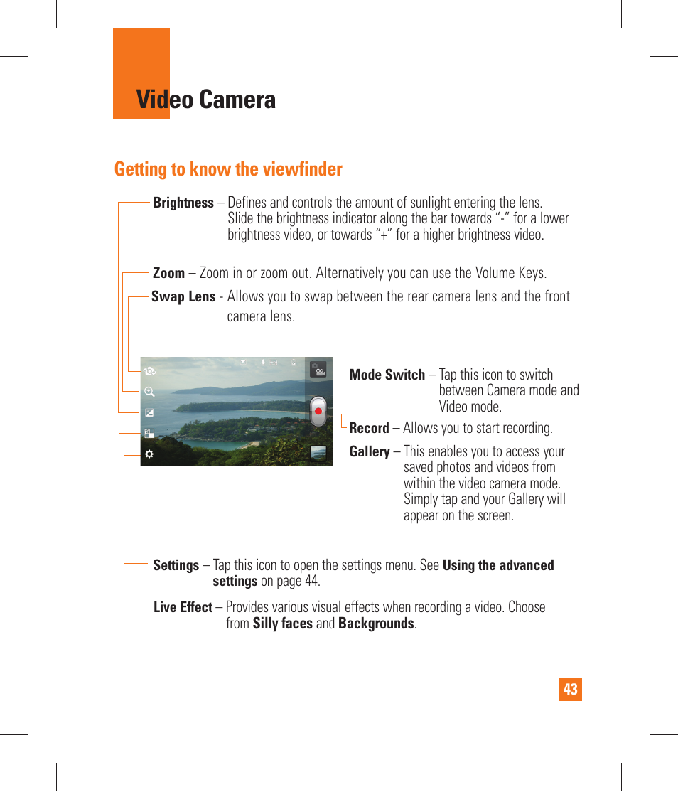 Video camera, Getting to know the viewfinder, After recording a video | Using the advanced settings | LG P870 User Manual | Page 43 / 110