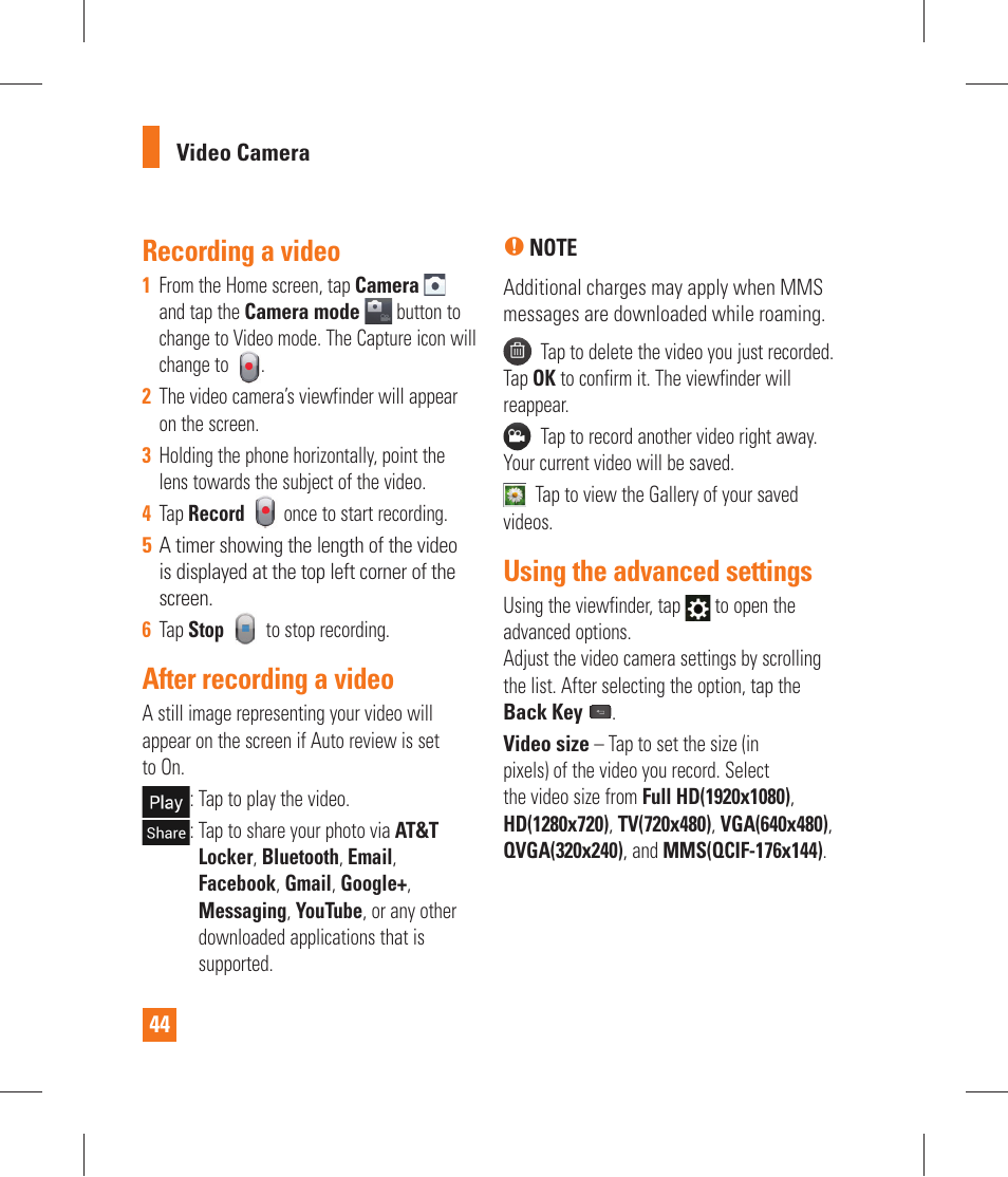 Recording a video, After recording a video, Using the advanced settings | Watching your saved videos, Adjusting the volume when viewing a video | LG P870 User Manual | Page 44 / 110