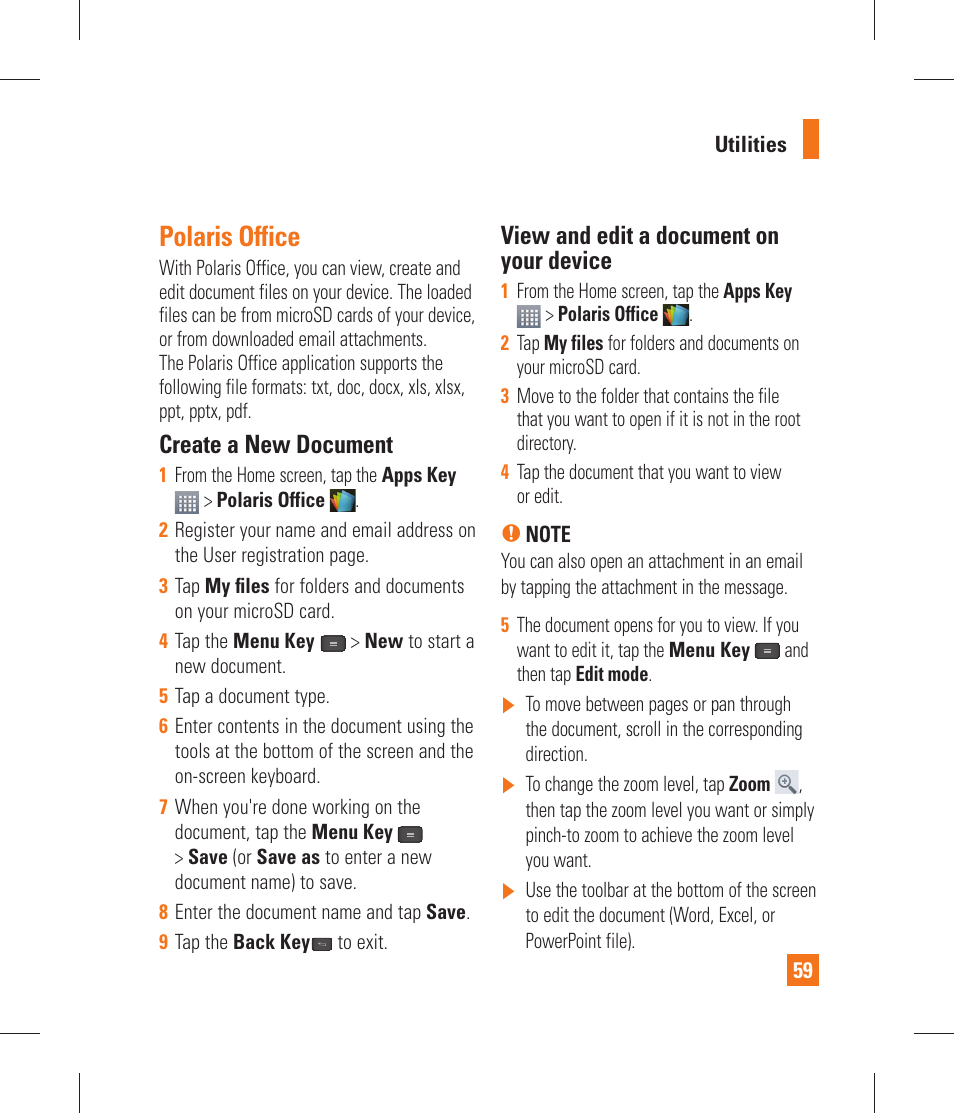 Polaris office, Create a new document, View and edit a document on your device | LG P870 User Manual | Page 59 / 110