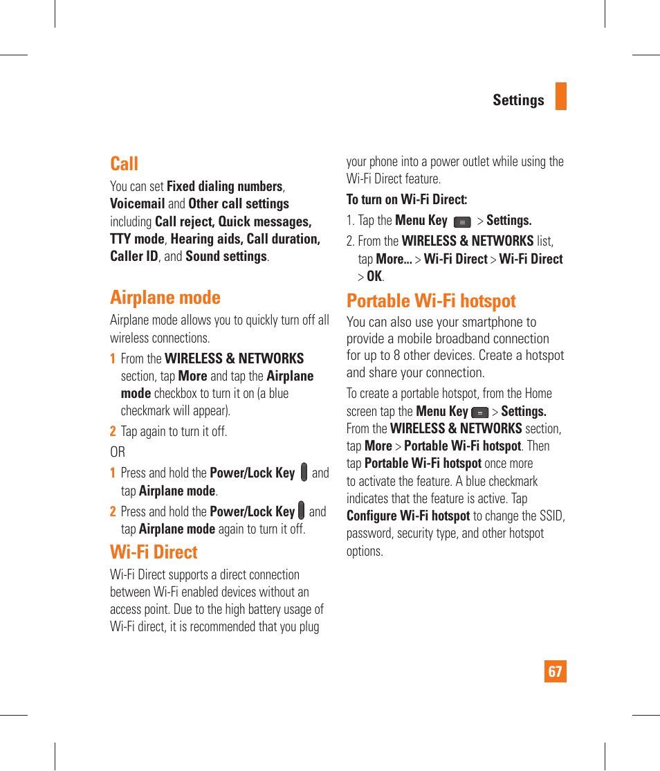 Airplane mode, Portable wi-fi hotspot, Android beam | Call, Wi-fi direct | LG P870 User Manual | Page 67 / 110