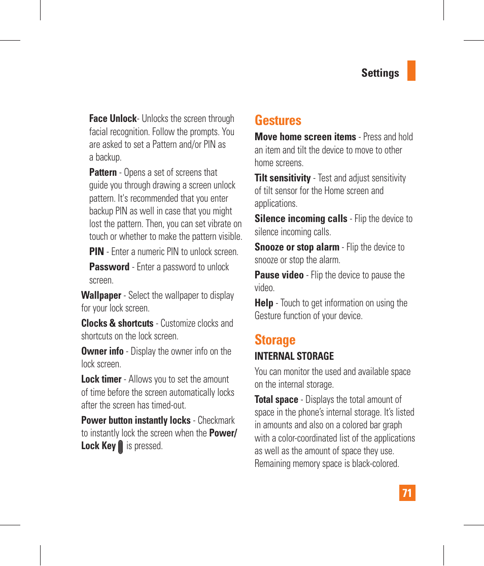 Gestures, Storage, Apps | Personal | LG P870 User Manual | Page 71 / 110