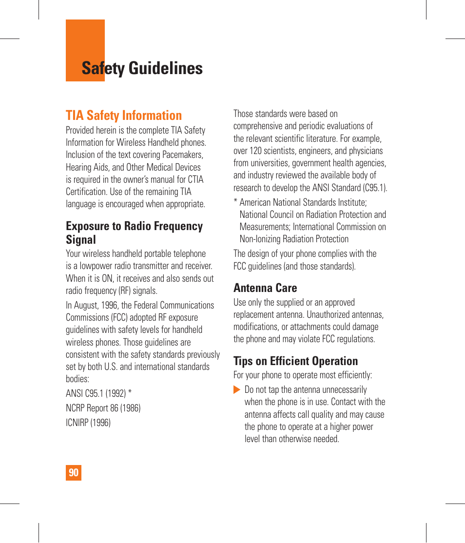 Safety guidelines, Tia safety information | LG P870 User Manual | Page 90 / 110