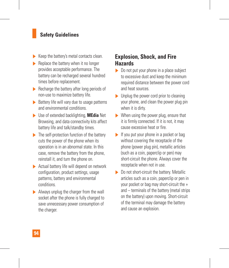 Explosion, shock, and fire hazards | LG P870 User Manual | Page 94 / 110