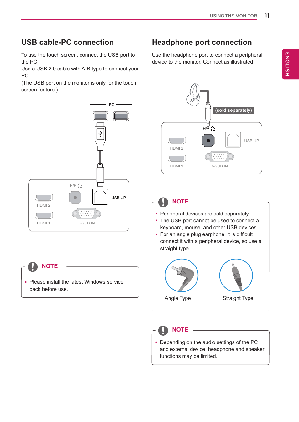 Usb cable-pc connection, Headphone port connection, English | LG 27EA83R-D User Manual | Page 11 / 26