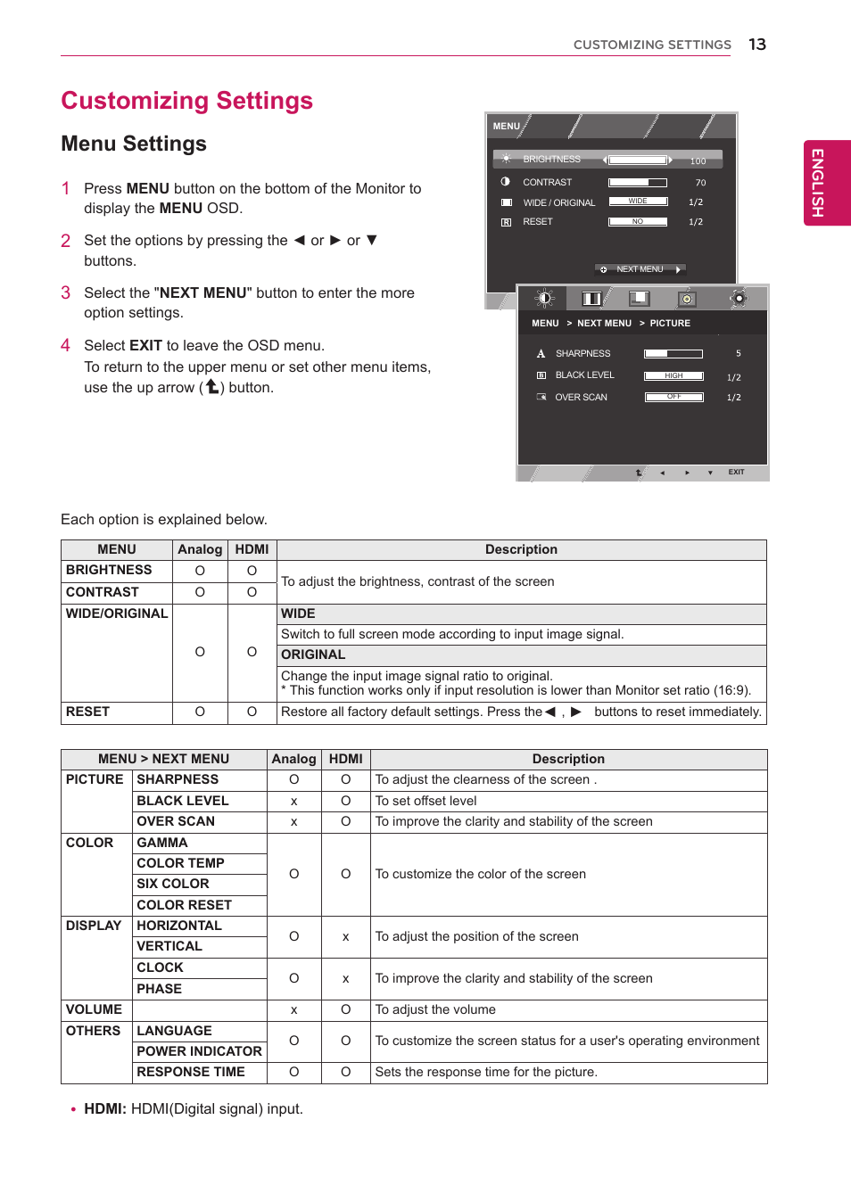 Customizing settings, Menu settings, 13 customizing settings 13 | English | LG 27EA83R-D User Manual | Page 13 / 26