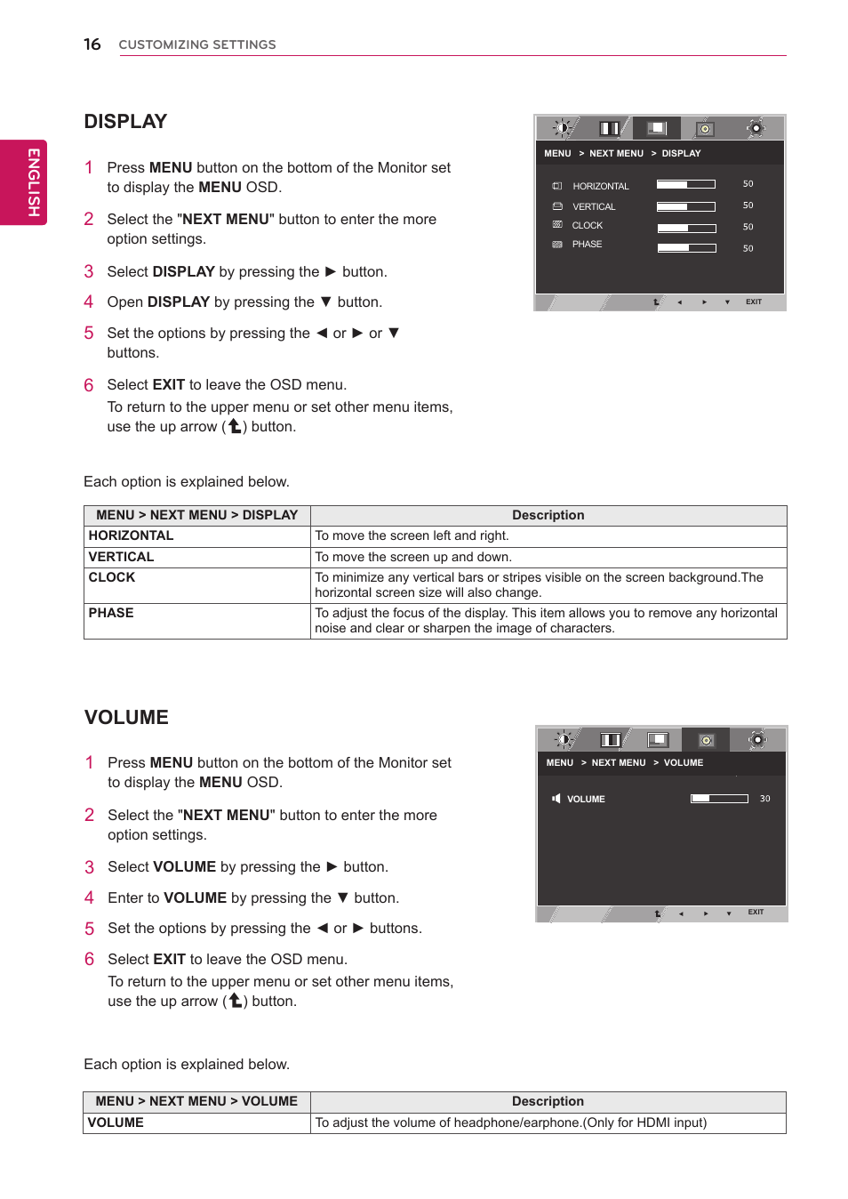 Display, Volume | LG 27EA83R-D User Manual | Page 16 / 26