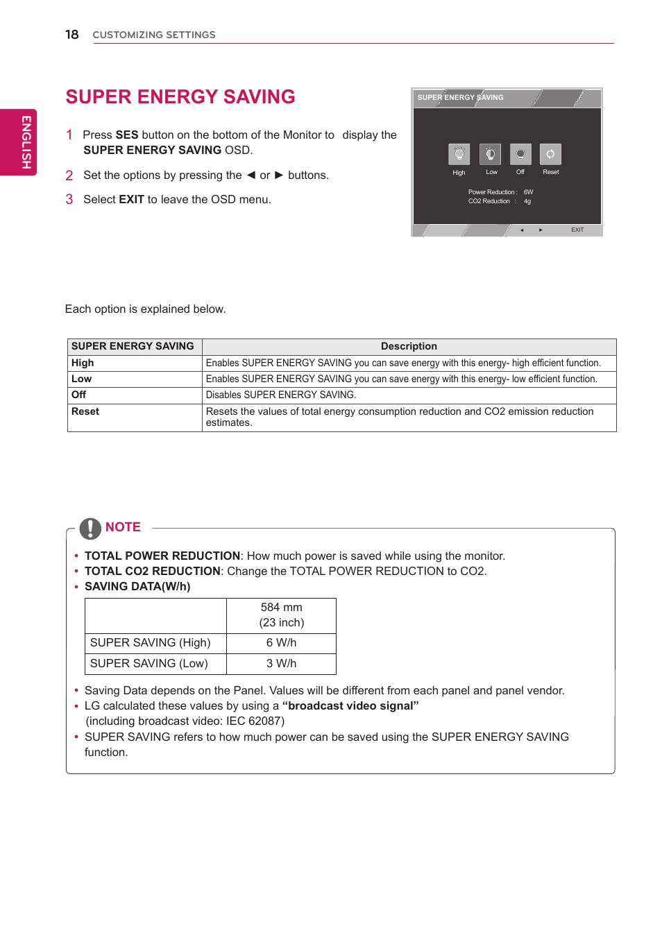 Super energy saving, 18 super energy saving | LG 27EA83R-D User Manual | Page 18 / 26