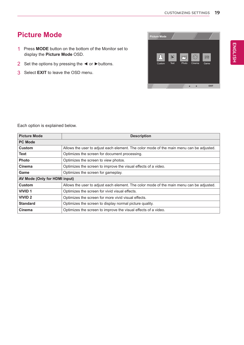 Picture mode, 19 picture mode | LG 27EA83R-D User Manual | Page 19 / 26