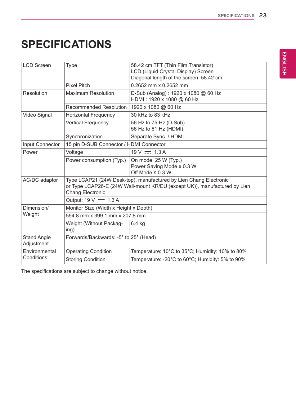 Specifications | LG 27EA83R-D User Manual | Page 23 / 26