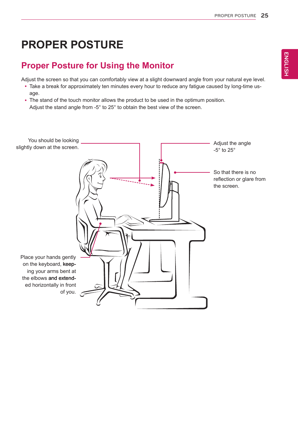 Proper posture, Proper posture for using the monitor, 25 proper posture for using the monitor | LG 27EA83R-D User Manual | Page 25 / 26