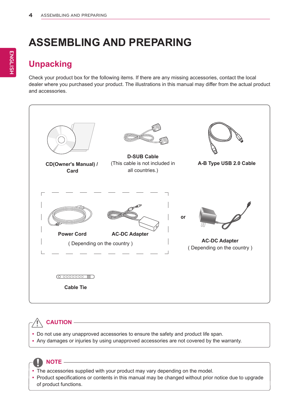 Assembling and preparing, Unpacking, Assembling and prepar | LG 27EA83R-D User Manual | Page 4 / 26